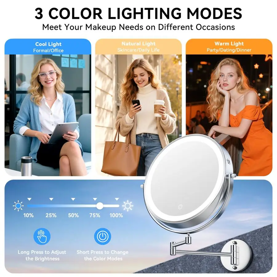 Specchio per trucco illuminato a parete 30X 1X, specchio ingranditore bifacciale ricaricabile da 5000 mAh con luce, specchio cosmetico LED Touc