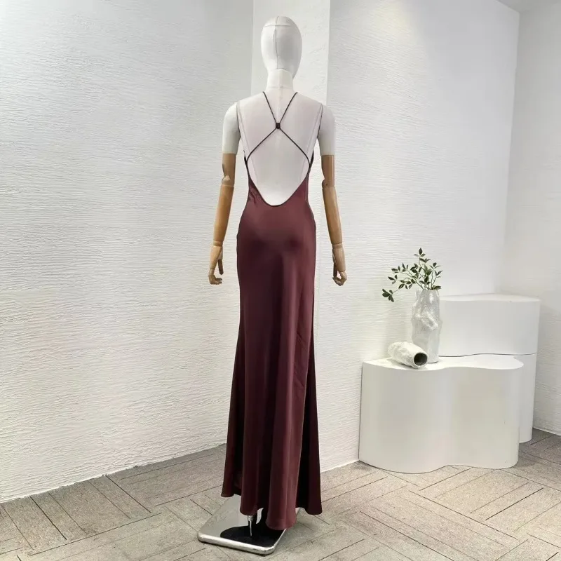 2024 New Brown Satin Sleeveless Lace Patchwork Halter Backless Maxi Dress for Women High Quality