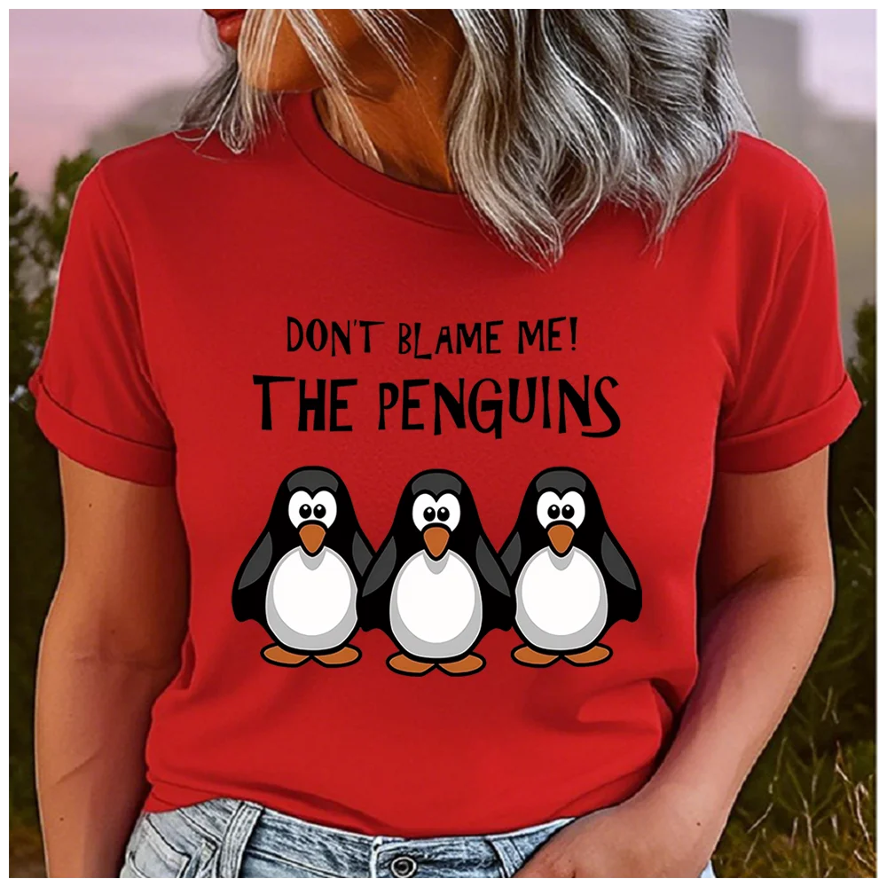 100% Cotton Women Pink T Shirt Don't Blame Me The Penguins Funny Slogan Cute Penguin Graphic Print Short Sleeve Crew Neck Ladies