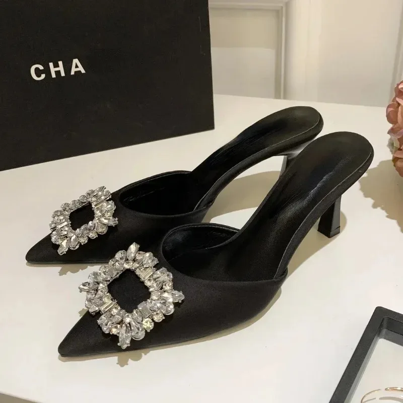 Rhinestone Buckle Satin Pointed Toe Pumps Slippers Women Sexy Slingback Dress Shoes Luxury Brand Heeled Sandals Female Mules