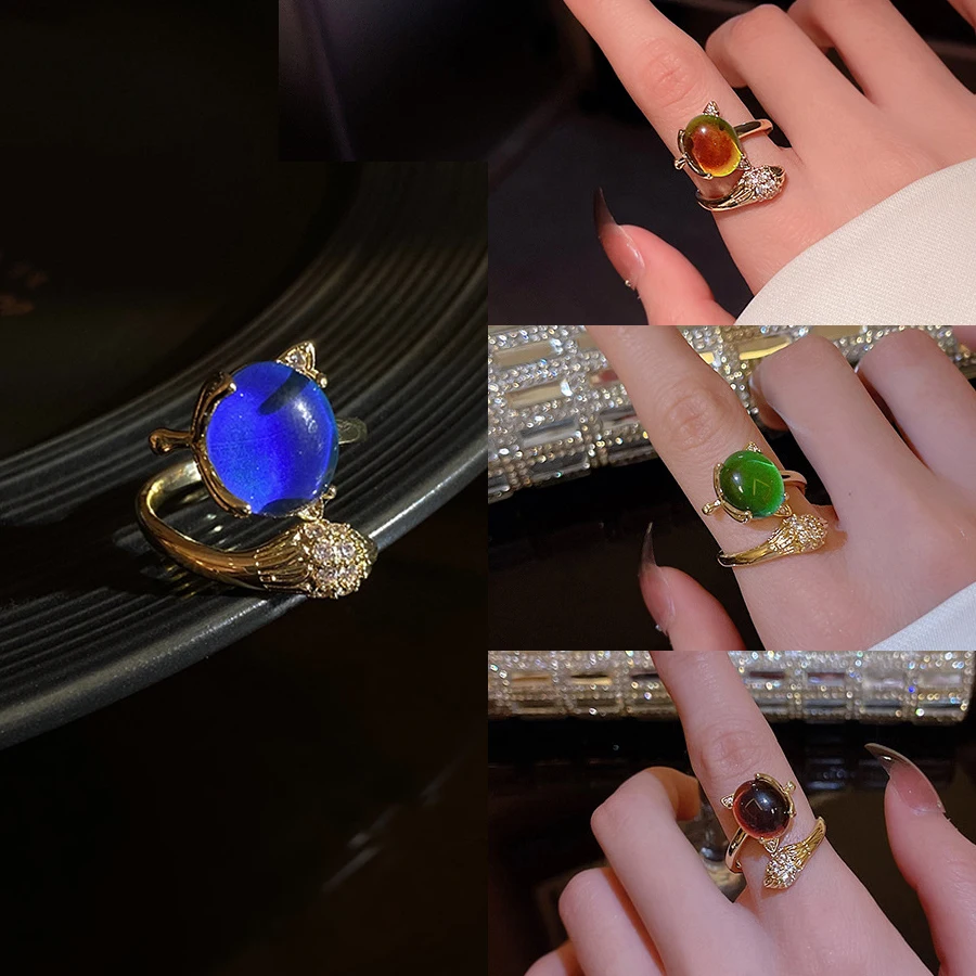 LATS Gold-plated Temperature-controlled Color-changing Open Rings for Women Fox Zircon Crystal Index Finger Ring Fashion Jewelry