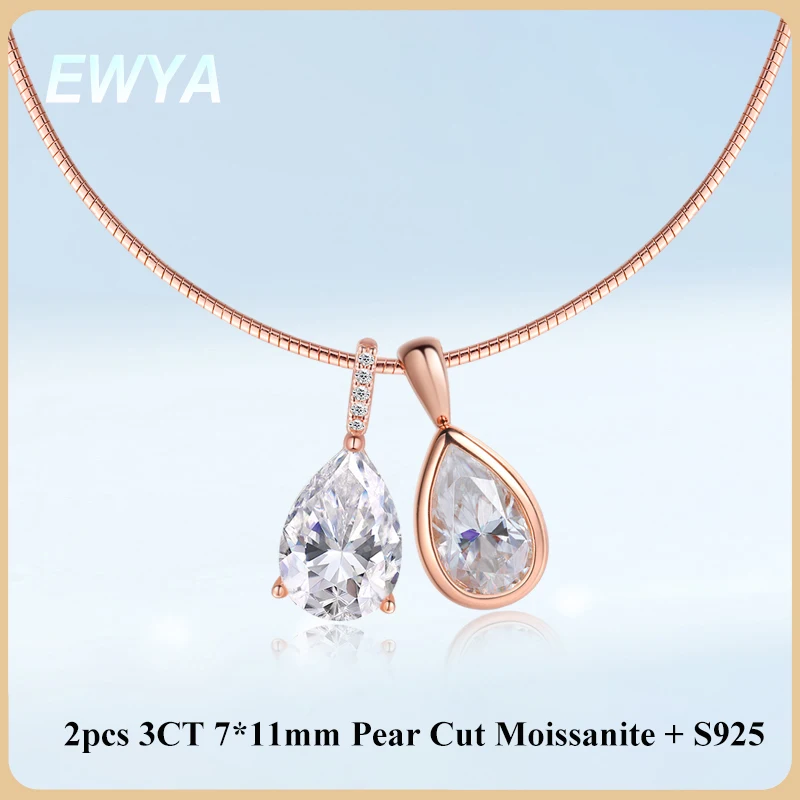 

EWYA 3ct грушевидной огранки с муассанитом и бриллиантами, два подвески, ожерелья для женщин, вечерние, свадебные, серебро 925 пробы, 1,5 мм, однотонное колье, цепочка на шею, подарок