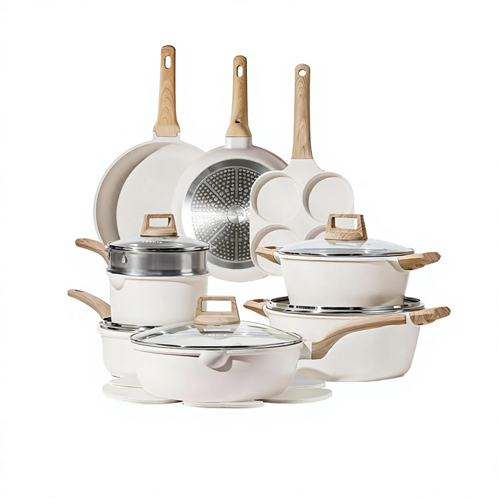 Custom Cross-border Aluminum 21-piece Cookware Set Double Bottom Modern Minimalist Design Maifanite Non-stick Coating Frying