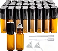 20pcs 5/10ML  Empty Amber Roll on Glass Bottles Pulse Essential Oil Roller Ball Makeup Tools Refillable Liquid Container