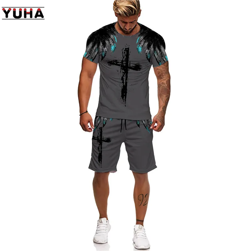 YUHA,Summer 3D Lion Cross Printed Men\'s T-shirt/Shorts/Suit Short Sleeve Jesus Love Everone Christian Street Wear 2 Pcs