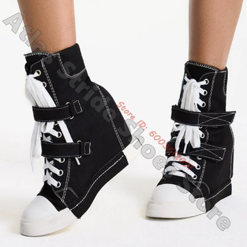 Hidden Wedge Heel Canvas High Top Sneaker Boots Adjustable Strap Contrast Stitch Lace Up Casual Boots Street Style Women Boots