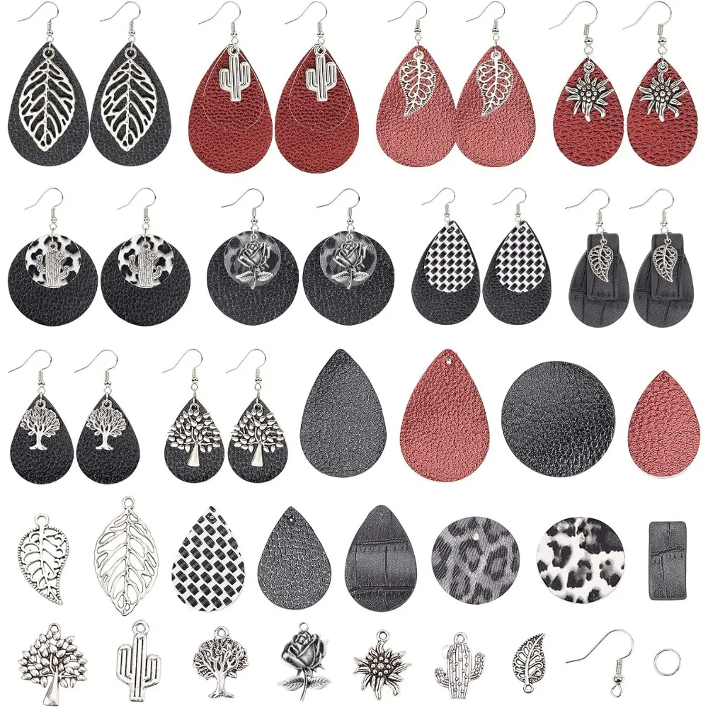 84Pcs DIY 10 Pairs Tree of Life Charms Faux Leather Teardrop Round Charm Black Red Stamping Faux Leather Earring Making