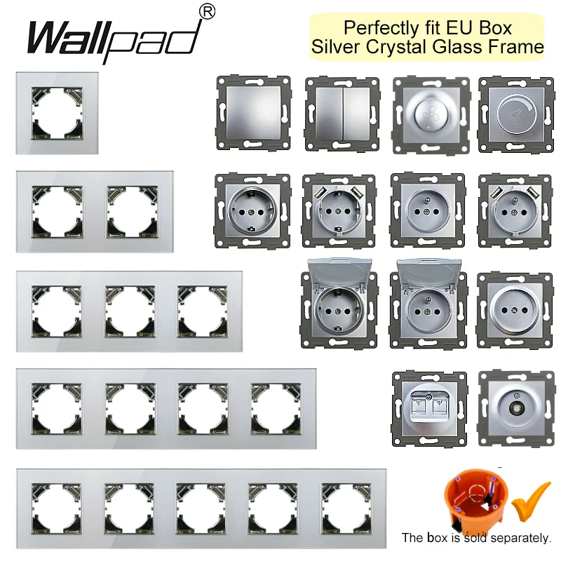 Silver Glass EU Electrical Sockets and Switches 220 DIY 1 2 Gang Button Curtain Data Cat6 Tel TV USB Outlet Wallpad Round Box