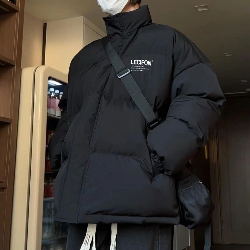 ​Trendy Men's Winter Cotton Jacket 2025​  Hong Kong Inspired Loose Print Coat Unisex Streetwear Outerwear with Zip Closure