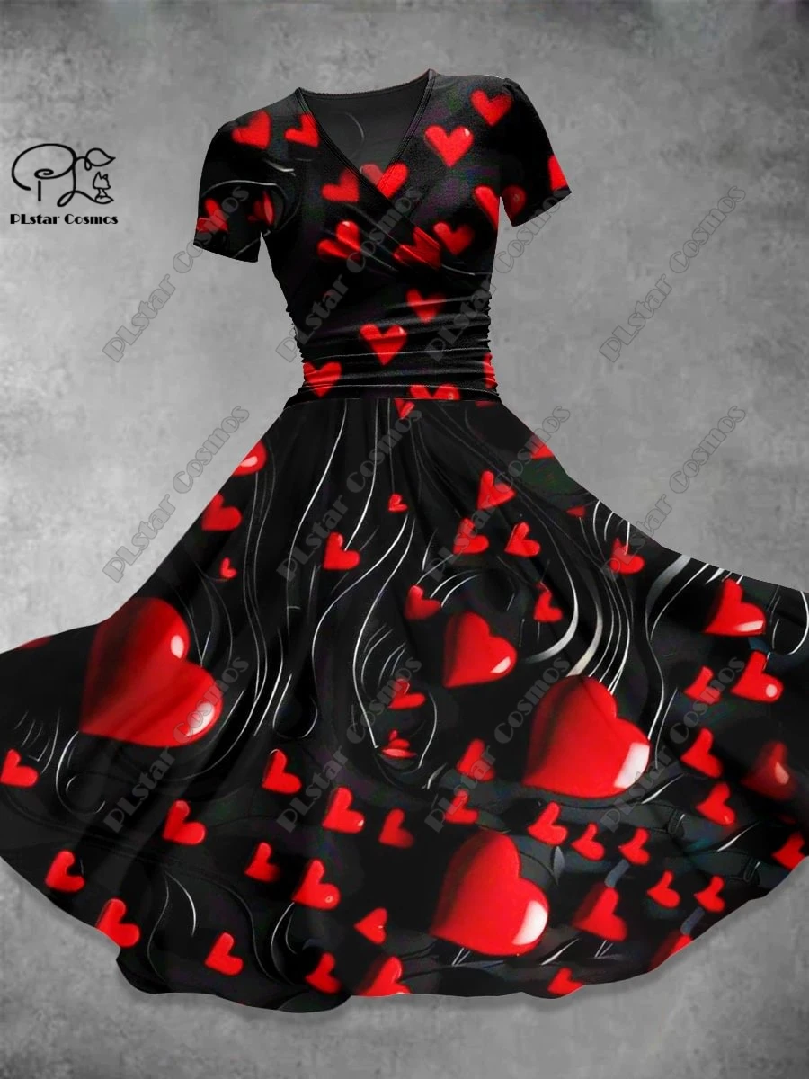 

3D printed new Valentine's Day love series full body printed V-neck short-sleeved dress A-line long skirt casual fashion X-1