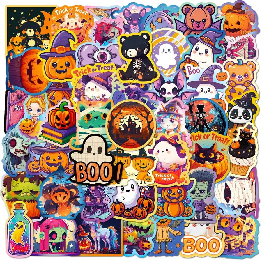 50pcs Halloween Graffiti Stickers, Pumpkin Bat Castle Dark Cute Ghost Cartoon Stickers, Water Cup Luggage Decoration Stickers,