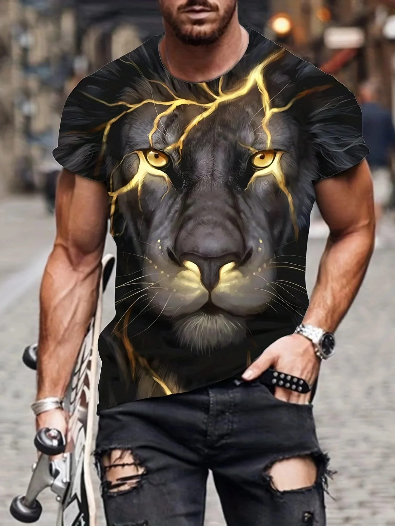 Summer T-shirt Men's Animal Lightning Lion 3D Printing Fashion Short sleeved Top Micro Elastic Sports Fitness Men's T-shirt