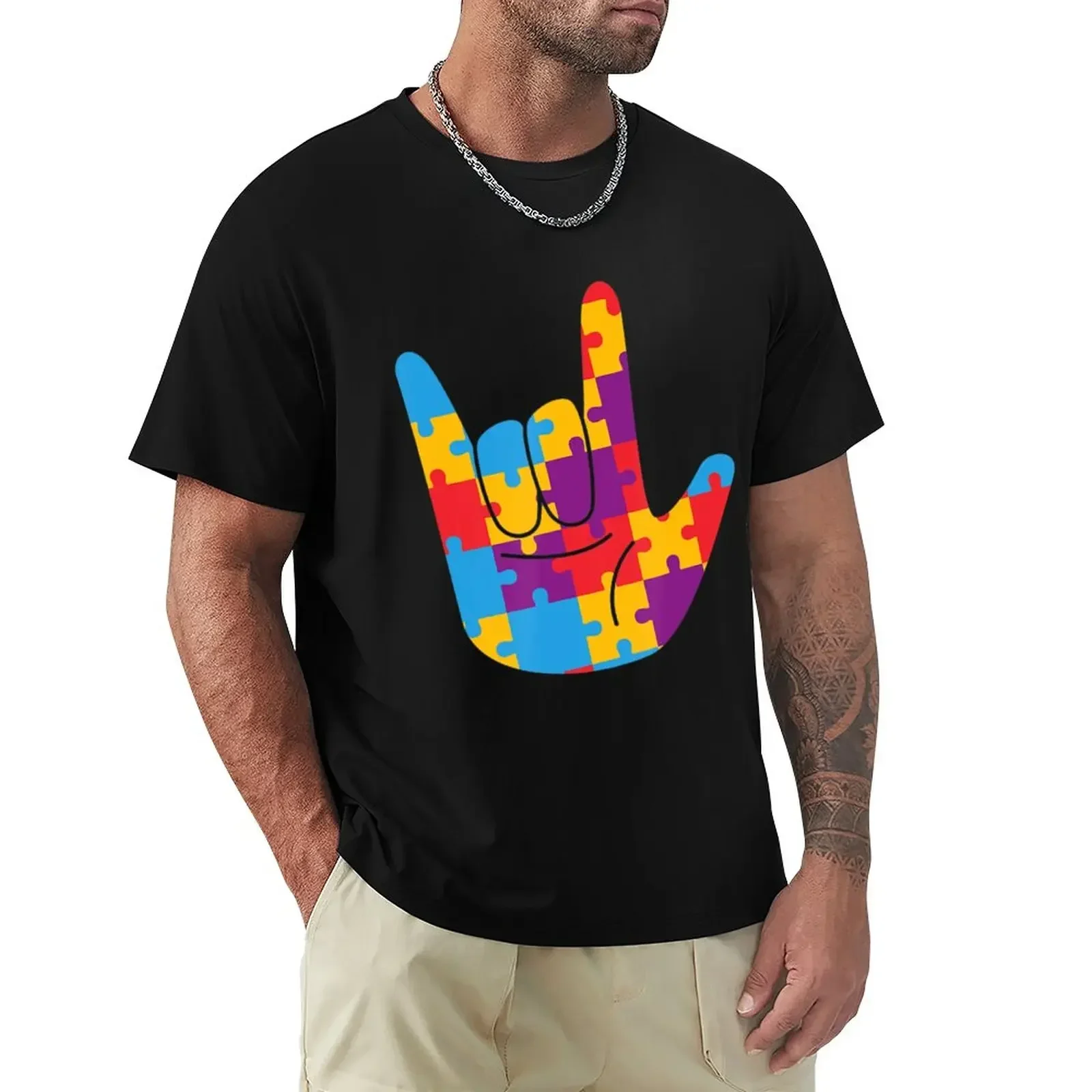 Summer Asl Love Sign Language Autism Awareness Support Cute Puzzle korean fashion tees Short sleeve tee workout shirts for men