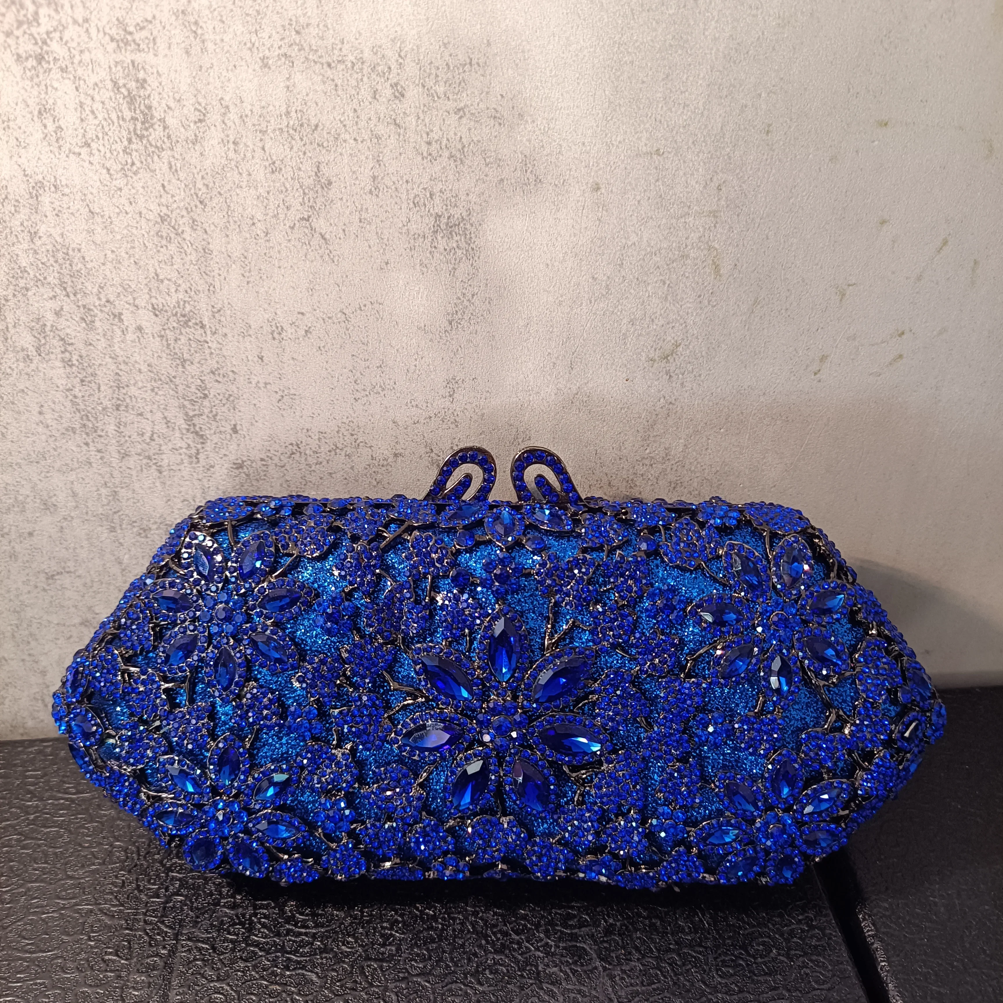 

XIYUAN Elegant Blue Flower Stone Purse Woman Diamond Wedding Bridal Party Handbag Dinner Banquet Gala Crystal Floral Evening Bag