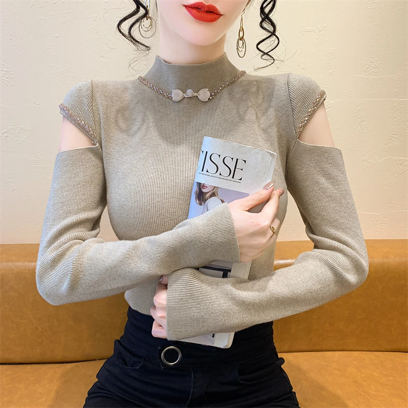 

2025, новинка, европейская, одежда, вязаный, свитер, женский, шикарный, сексуальный, подставка, блестящий, бисер, длинный рукав, ажурный, нерегулярный, однотонный, топы, 412147