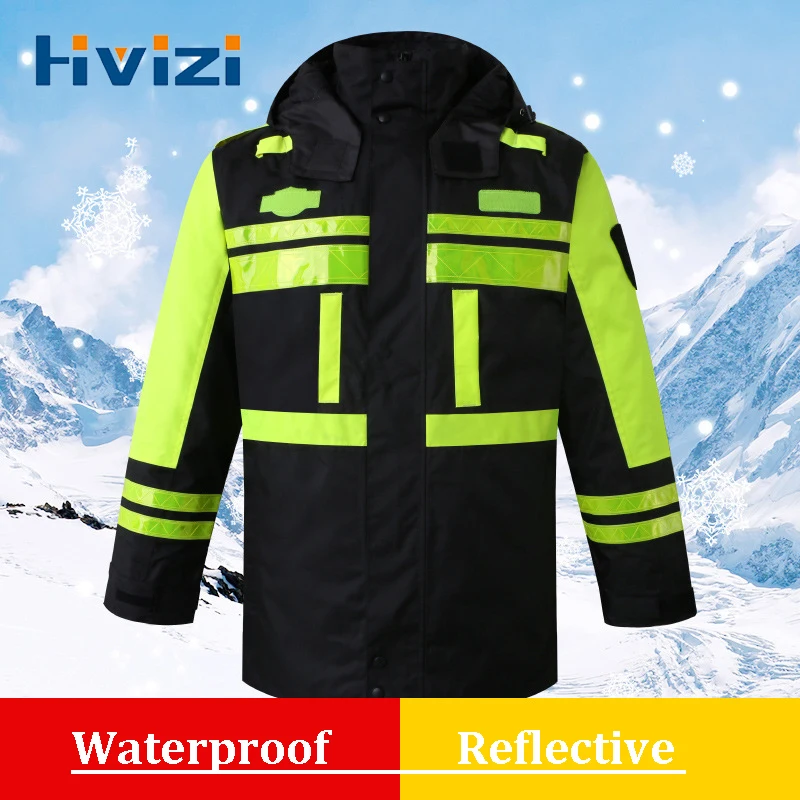 

Reflective Work Clothing Fluorescent Safety Coat Raincoat With Hood Jacket Waterproof Winter Warm Outdoor Man Women Uniforms