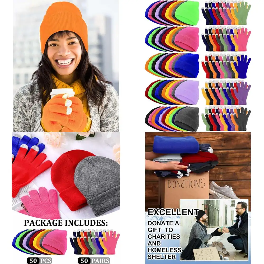 

Jecery 100 Pcs Winter Beanies Gloves Bulk Winter Hat and Touchscreen Gloves for Men Women Unisex Hat Homeless Warm Gift