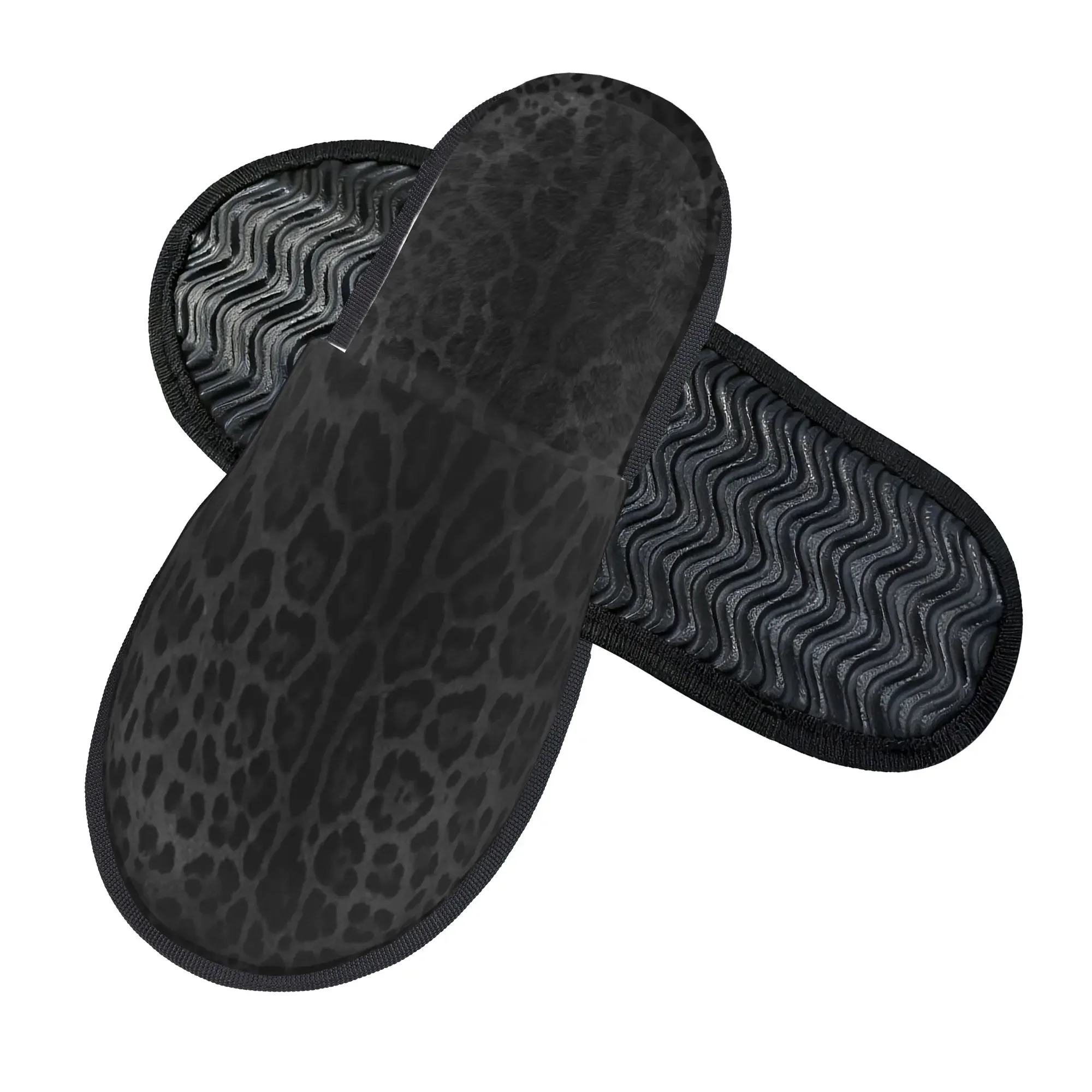 Black Leopard Print Skin Memory Foam Slippers Women Men Couple Family Bedroom Dorm Winter Warm Non‑Slip Texture House Slippers