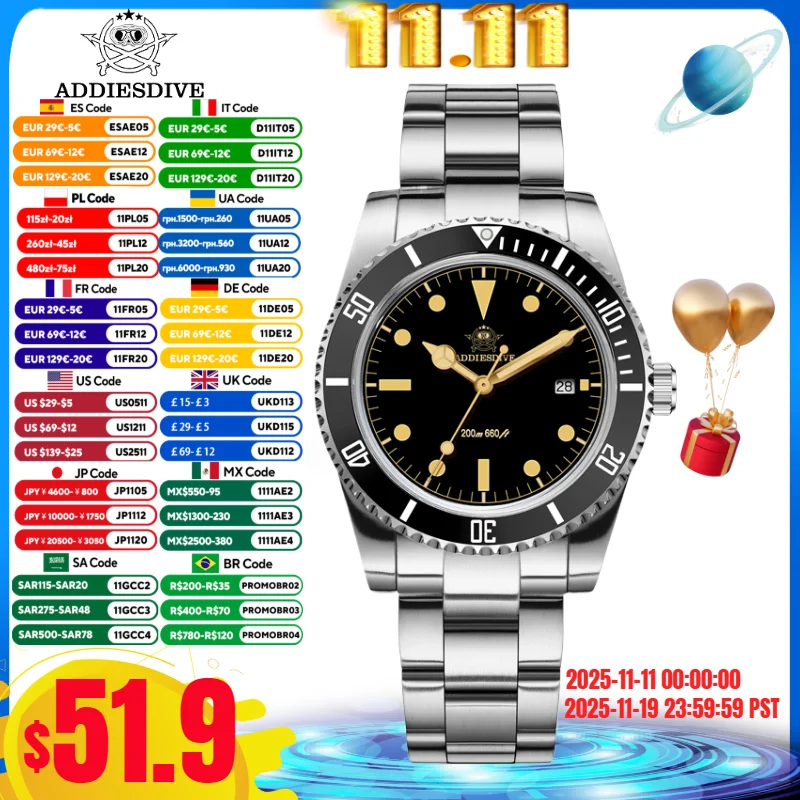 ADDIESDIVE Watches For Men 20Bar Waterproof AD2072 C3 Super Luminous Date Ceramic Bezel 316L Stainless Steel Quartz Watches