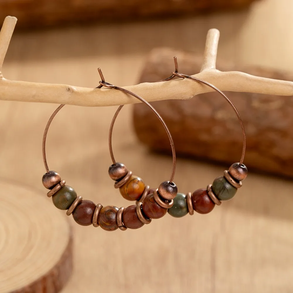 Trendy Bohemian Brown Hand Strung Wood Beaded Hoop Earrings for Women Southwest Ethnic Vacation Outdoor Gift Jewelry Accessories