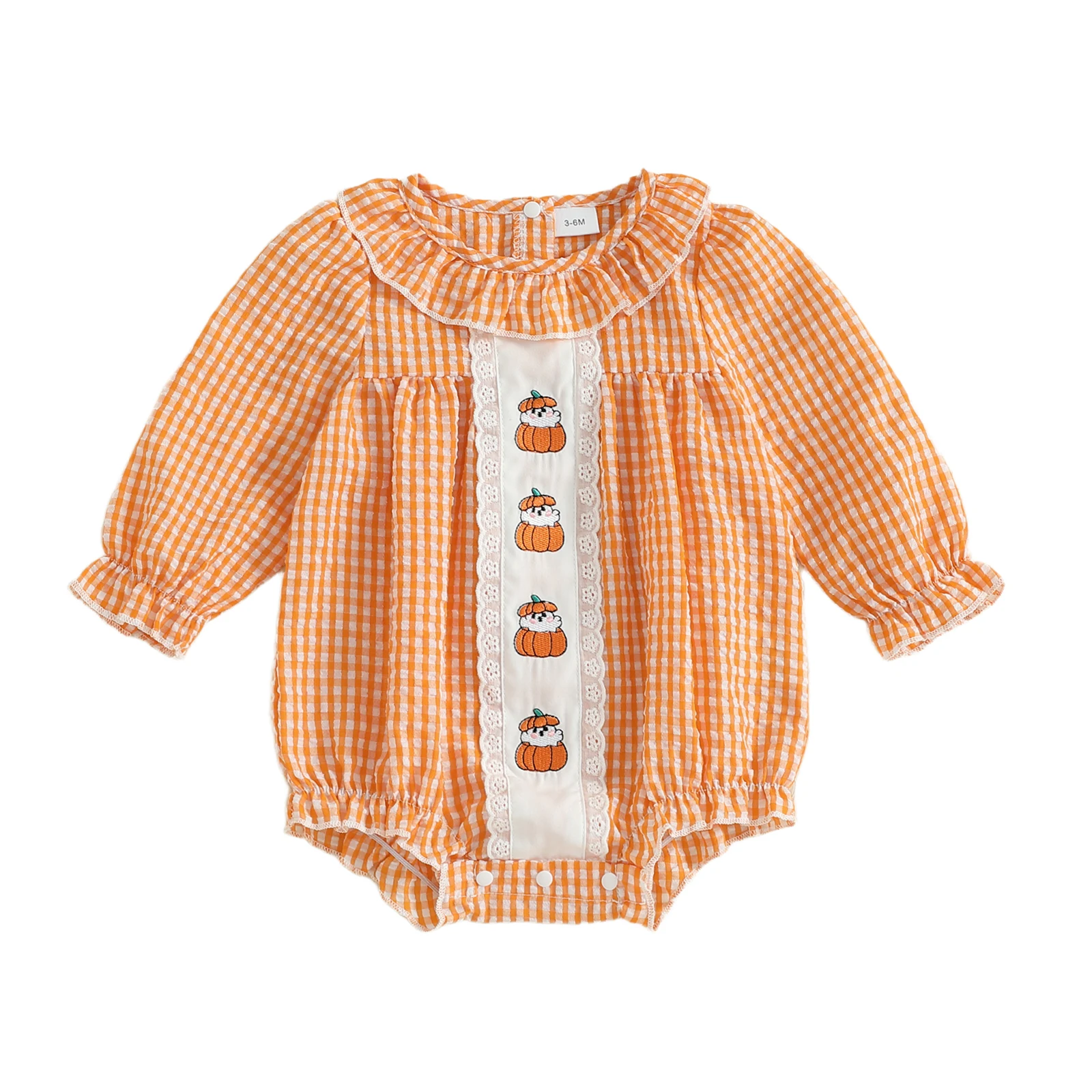 

Baby Girl Halloween Romper Pumpkin Ghost Embroidered Plaid Ruffled Trim Crew Neck Long Sleeve Jumpsuit for Fall