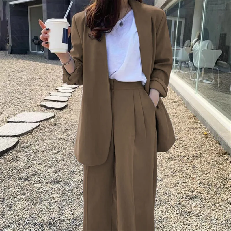 2022 Spring New Two-piece Set Suit Blue Double Breasted Blazer + Casual Straight Trousers Elegant Fashion Chic Women\'s Clothes