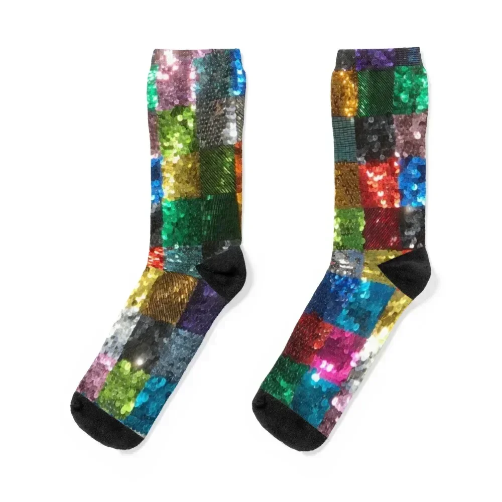 Sequins disco ball glitter party Patchwork sparkly 70s funky unicorn checkered squares colorful quilt pattern Socks