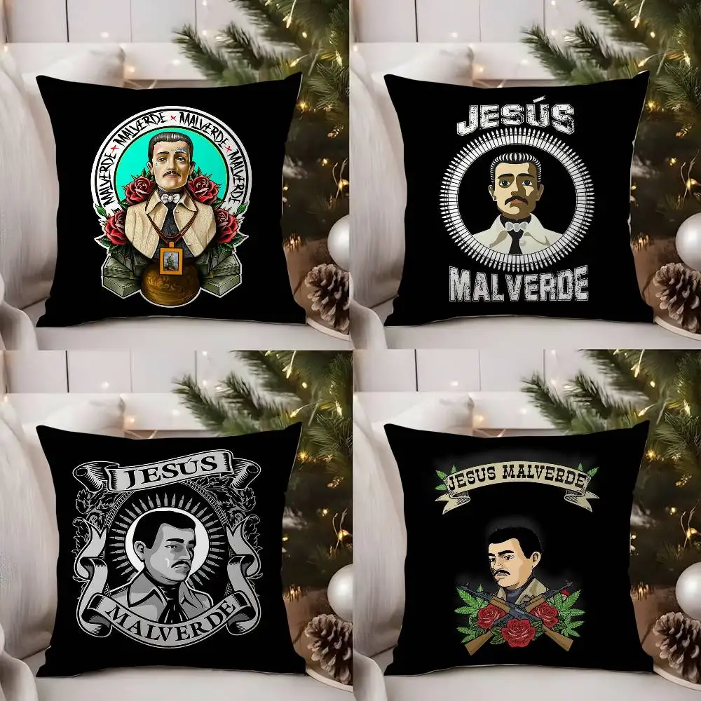 

J-Jesus Malverde Pillow Case Office Sofa Dorm Chair Back Short Plush Double-sided Printing Home Cushion Cover