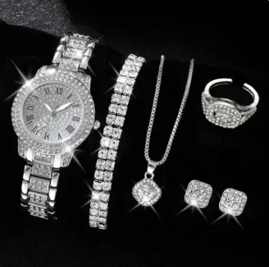 

6pcs/set Women's Watch Luxury Rhinestone Quartz Watch Hiphop Fashion Analog Wrist Watch & Jewelry Set, Gift for Mom Her