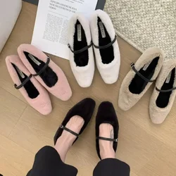 Brand New Sip Lip shoesWomen Fur Flats Fashion Furry Ladies Mary Jane Shoes elegante Warm Plush Soft Flat Heel mocassino Shoes Mujer