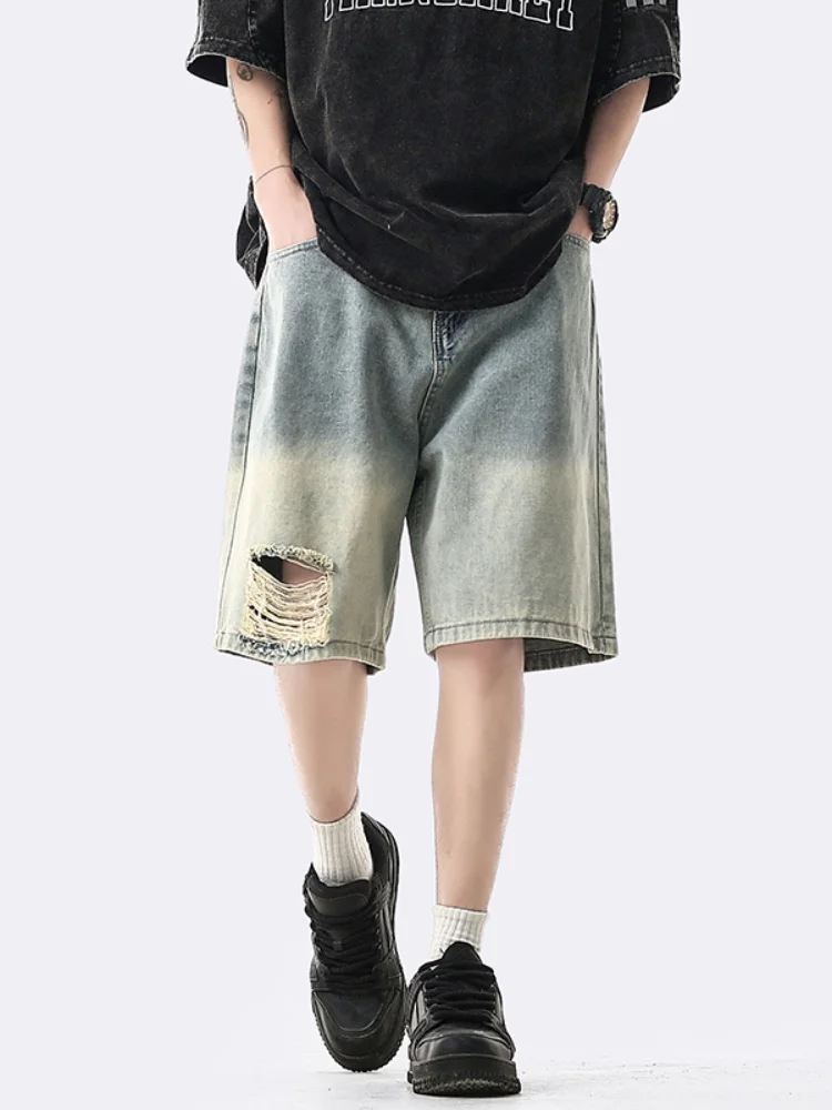 

aduated Color Men's Denim orts American High Street Loose Fit Waed out Vintage Ripped Poor Boy Summer Thin Jeans