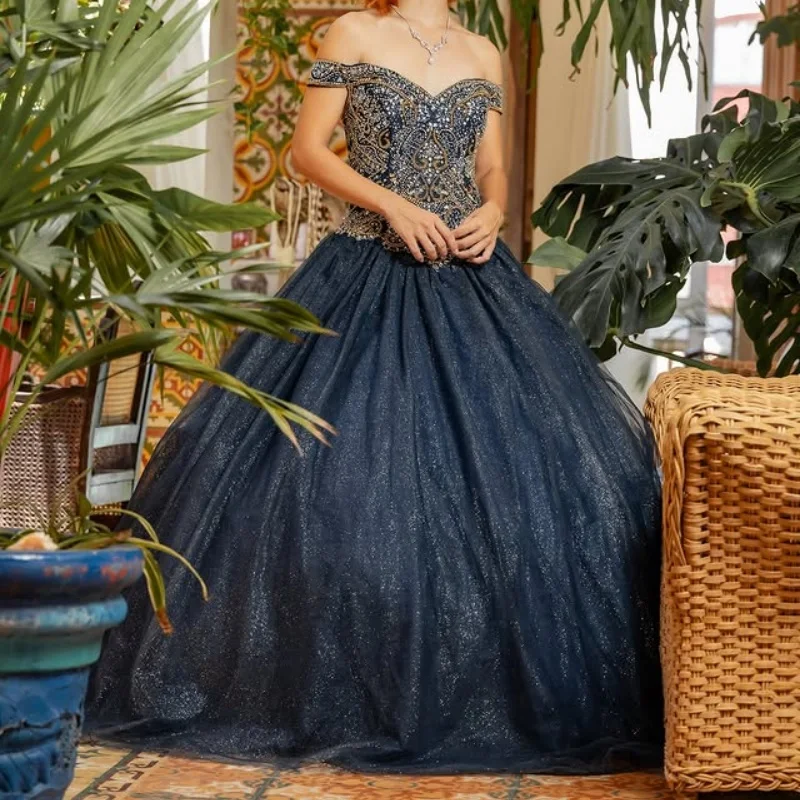 ที่กําหนดเองเงาสีน้ําเงินเข้ม Quinceanera ปิดชุดไหล่คริสตัล applique layering ลูกไม้ Vestido De 15 Quinceanera