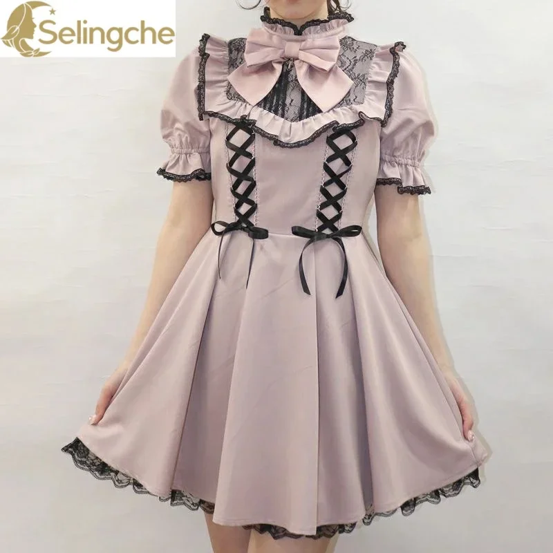 

Japanese Sweet Ribbon Bow Short Sleeve Lolita Dress Lolita Lace Dress