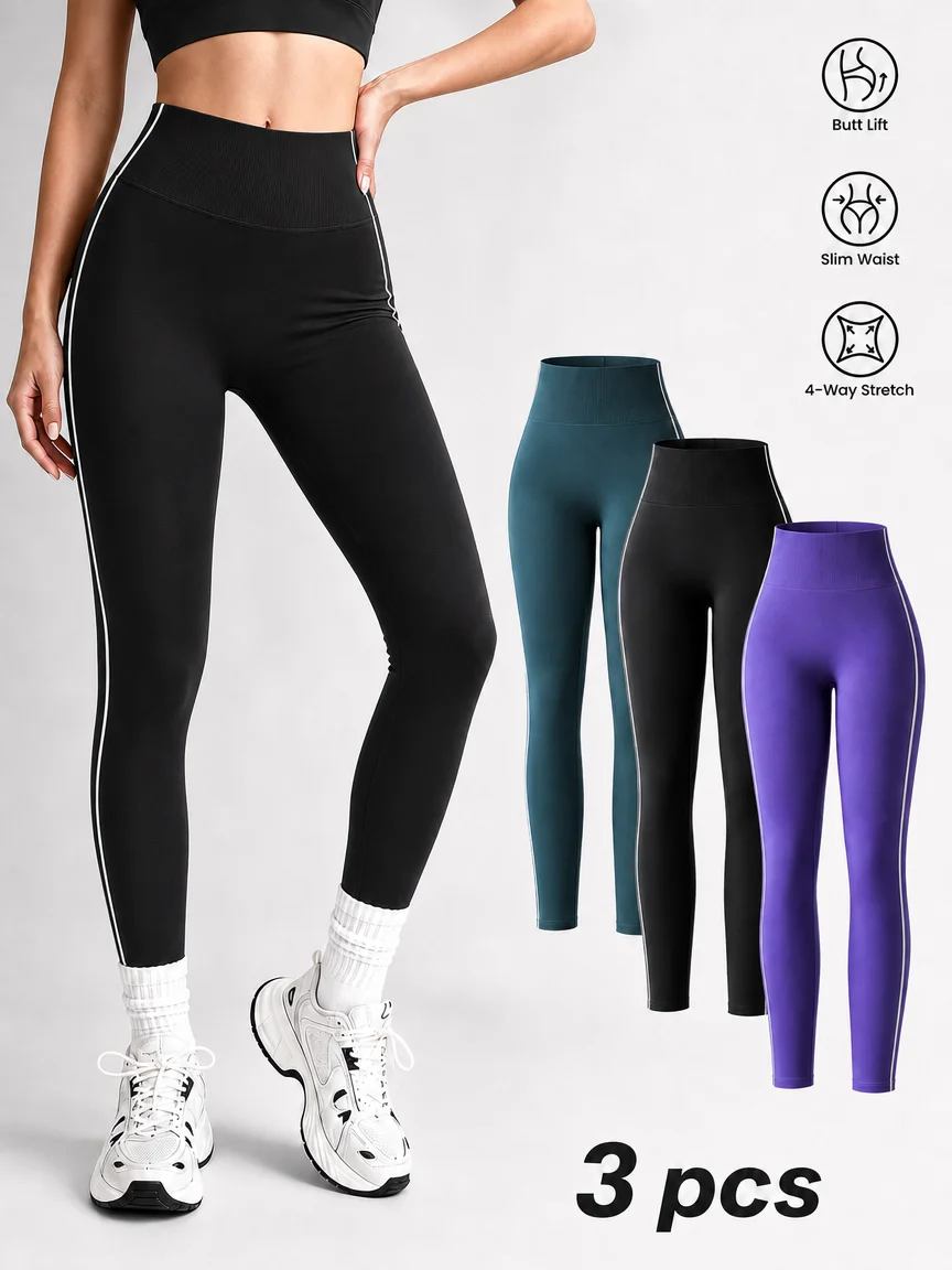 3Pcs Set Seamless Women Yoga Leggings Butt Lifting High Waist Fitness Leggings 4‑Way Stretch Skin‑Friendly Gym Workout