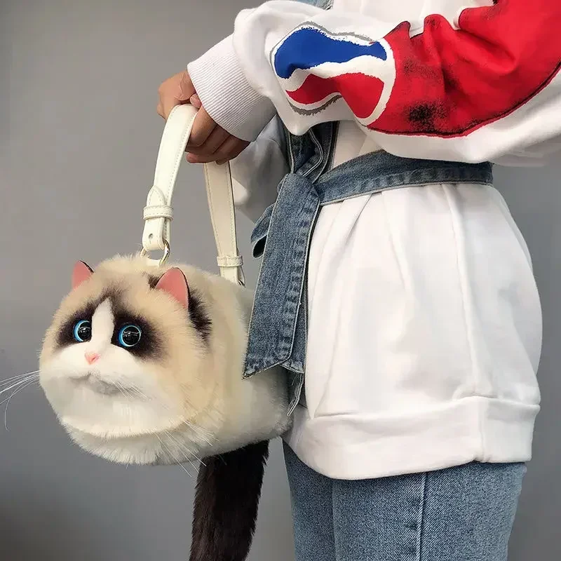 New Plush Fashion Cute Cat Bag Plush Stuffed Animal Crossbody Bags Women Fashion Winter Soft  Cartoon Handbags Super Emulation