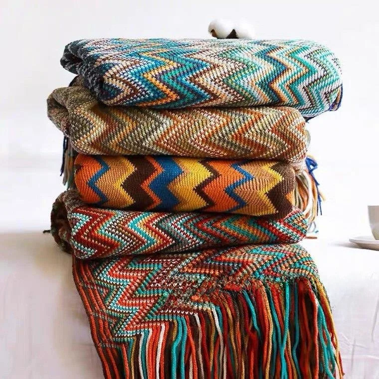Modern Bohemian Style Sofa Blanket for Nap Time Car Camping Ethnic Tassel Bed Flag Curtain Couch Cover Throw Blanket