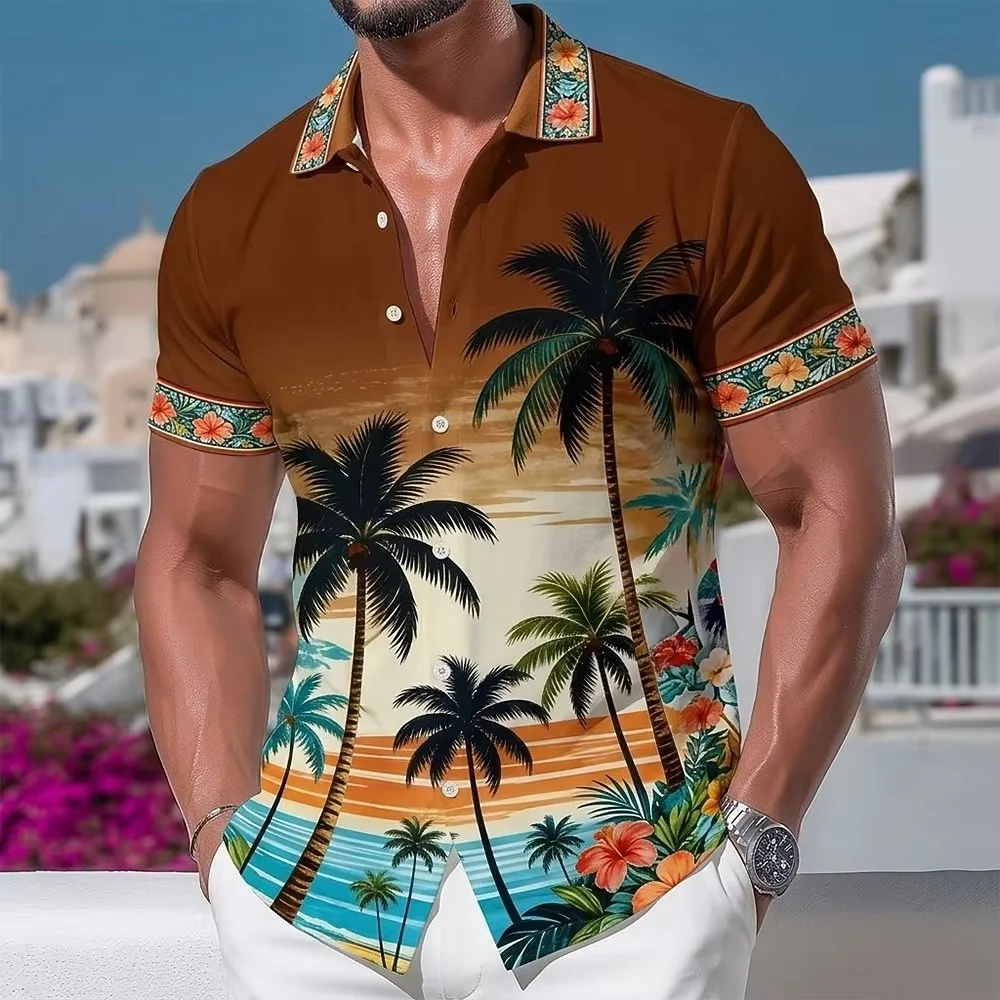 Men's Summer Casual Wear Hawaiian-Style Shirts Loose-Fit Beach T-Shirts with Coconut Tree Prints Collared Button-Down Shirts