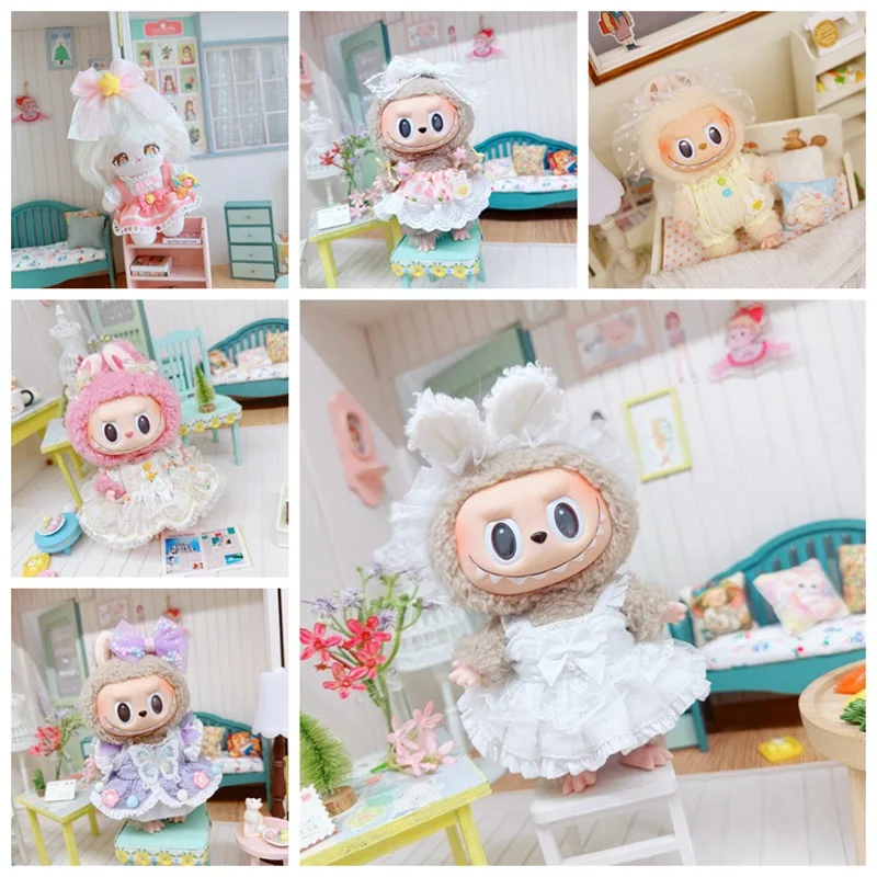 Doll Clothes for 17cm Labubu Dolls Toy Cute Mini Plush Doll's Outfit Accessories Mesh Dress Suit Maid Dress Hairpin Fans Gift