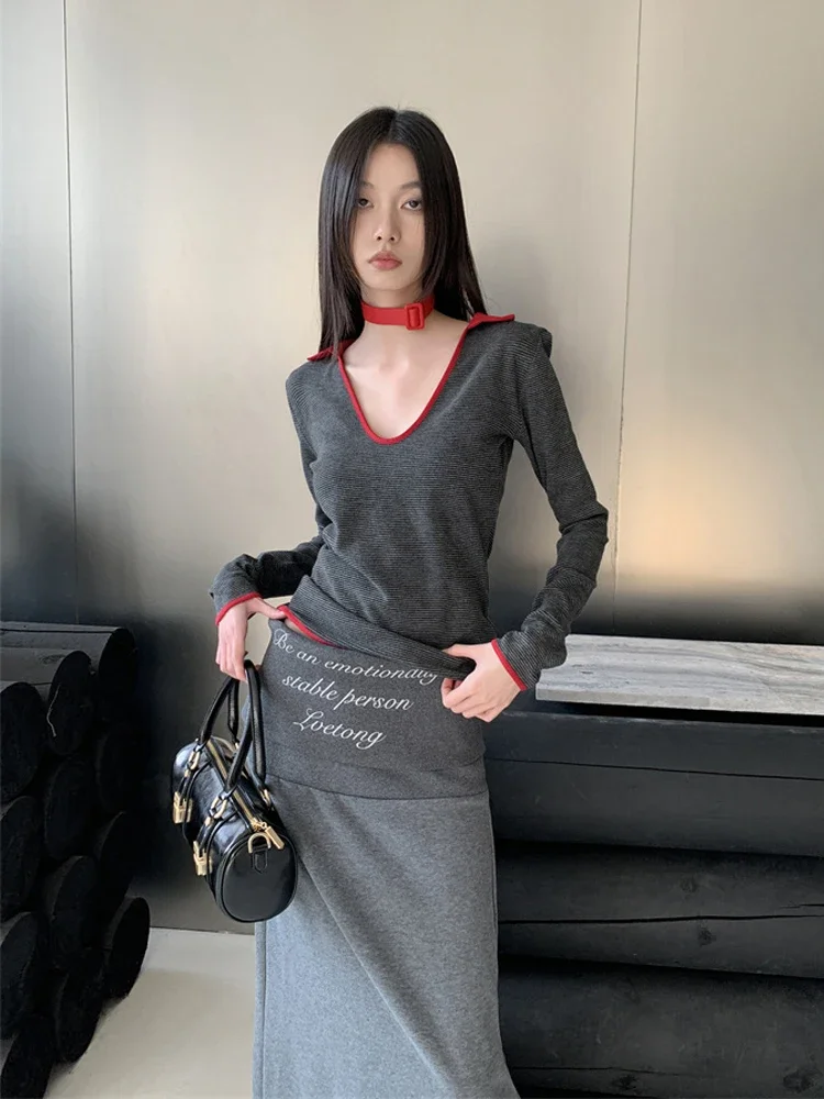 

Vintage slim-fitting V-neck red and gray contrasting color printed striped long-sleeved top women's spring straight skirt