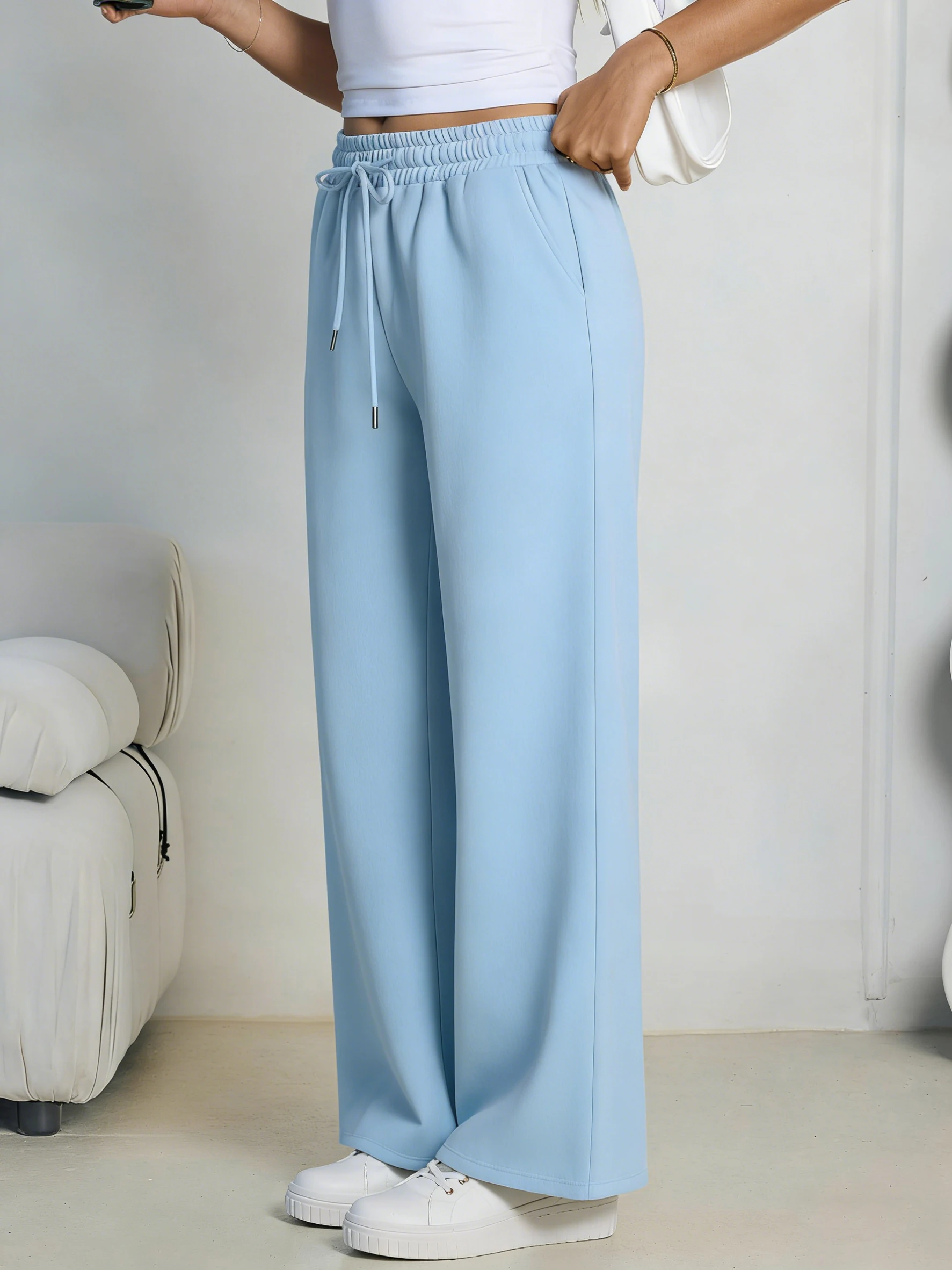 Damen Weite Hosen Europäischer und Amerikanischer Stil Fleece-Sweathosen, Taille mit Kordelzug Gerades Bein Lose Tanz- und Freizeithosen – Detail 15