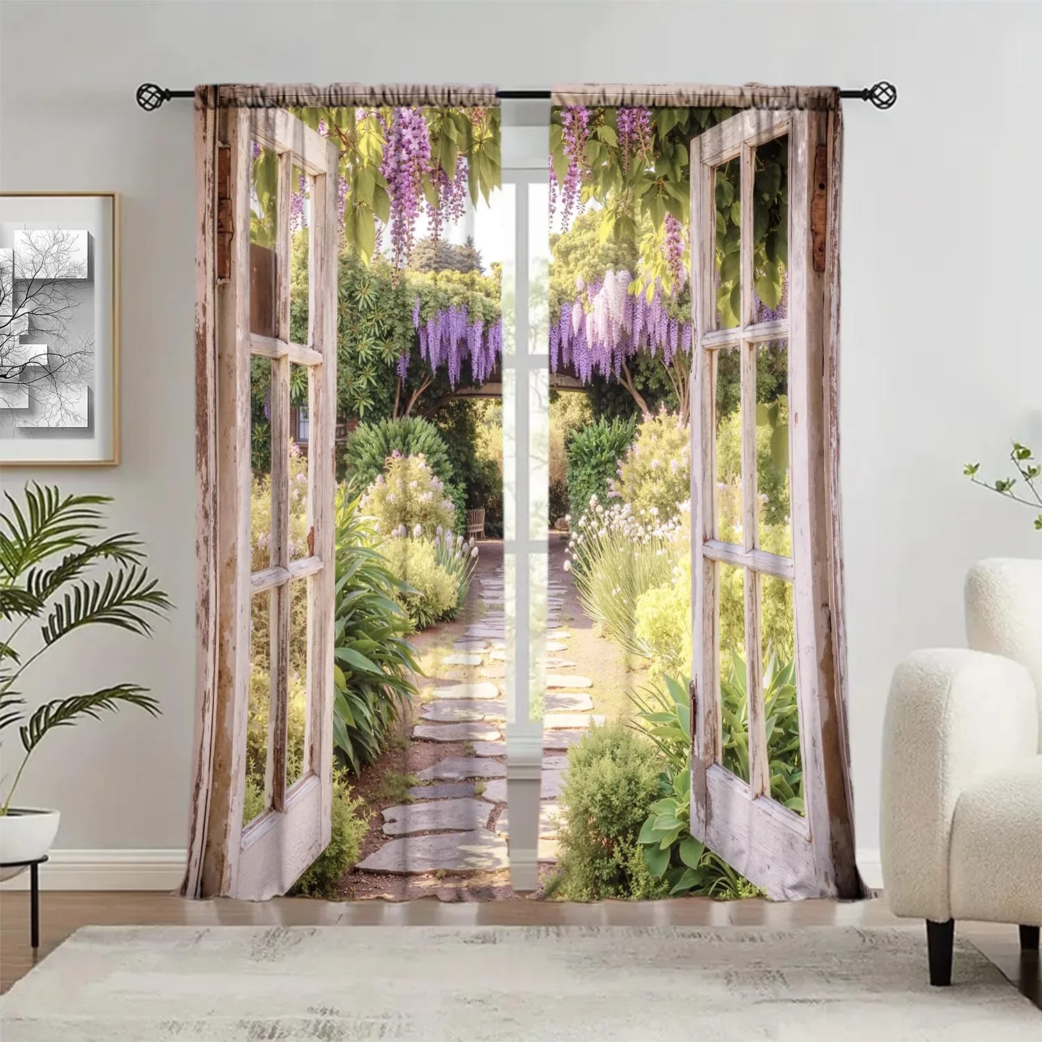 2pcs Wisteria Garden Window Printed Curtain-UV Resistant and Heat Insulated, Suitable for Rod Through Curtains in Various Rooms