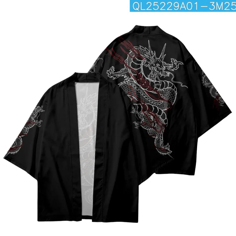 

Dragon Printed Summer Black Kimono Beach Shorts Streetwear Traditional Japanese Women Men Yukata Harajuku Haori Cardigan