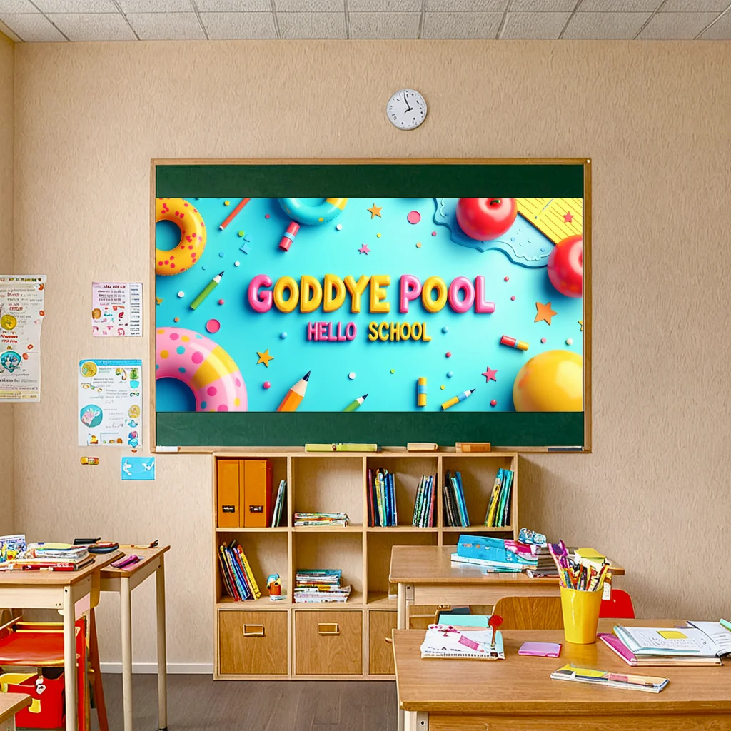 Fondo colorido y divertido con temática para adiós, piscina, escuela, decoraciones para fiestas, foto, telón de fondo para eventos escolares, celebración de la piscina