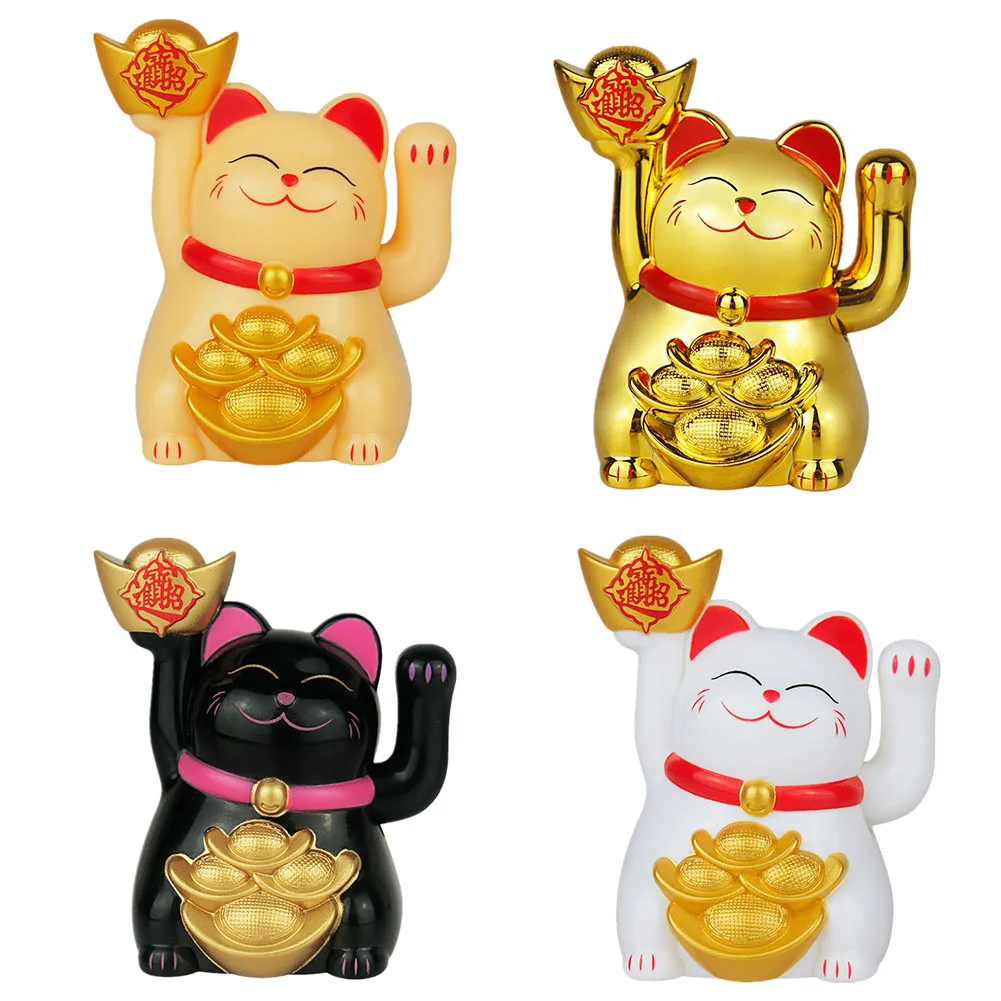 2 Inch Solar Automatic Waving Lucky Cat Car Cashier Ornament Shop Feng Shui Cat  Fortune Cat Home Office Decoration