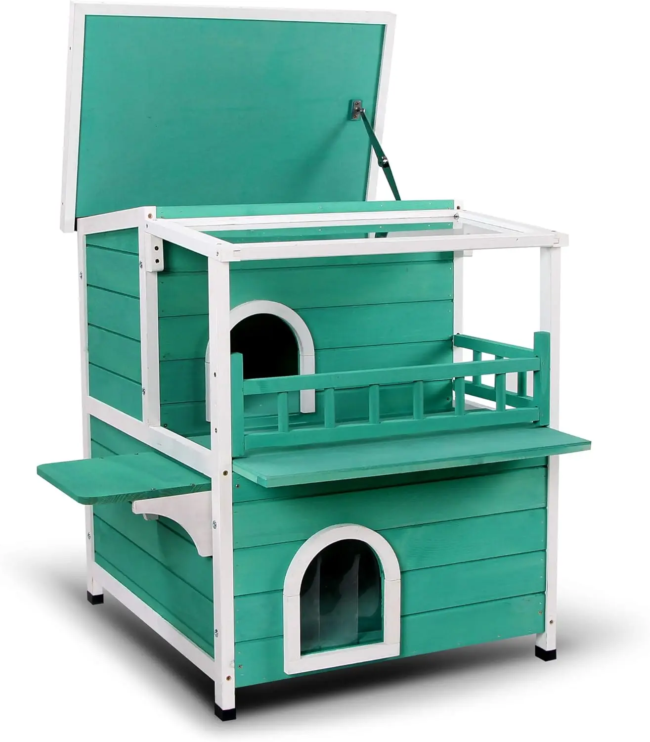 2-Story Wooden Outdoor/Indoor Luxurious Cat Shelter House Condo with Transparent PVC Canopy 6012-0509BL (Green)