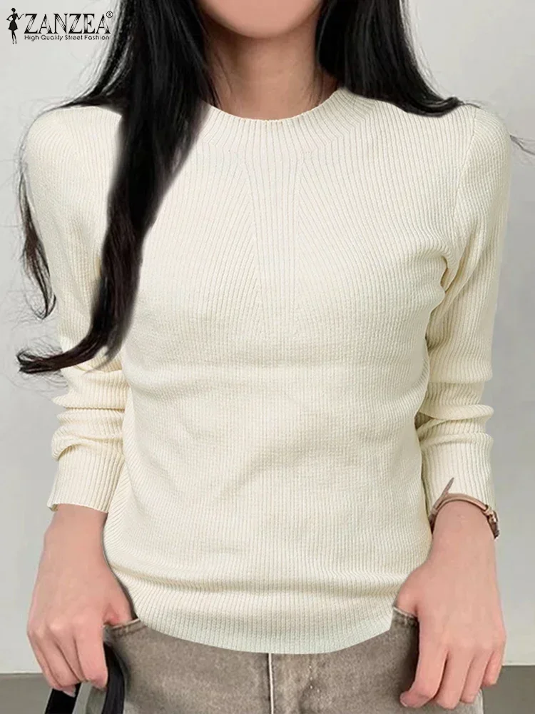 

Уличная одежда 2024, женские свитера ZANZEA, осень-зима, модный однотонный вязаный свитер с длинными рукавами, повседневный свободный базовый пуловер