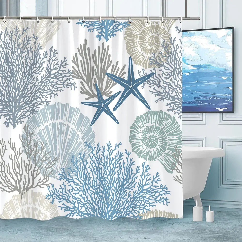 Starfish Seashell Coral Beach Theme Shower Curtain Nautical Coastal Polyester Fabric Shower Curtain Bathroom Decor with Hooks