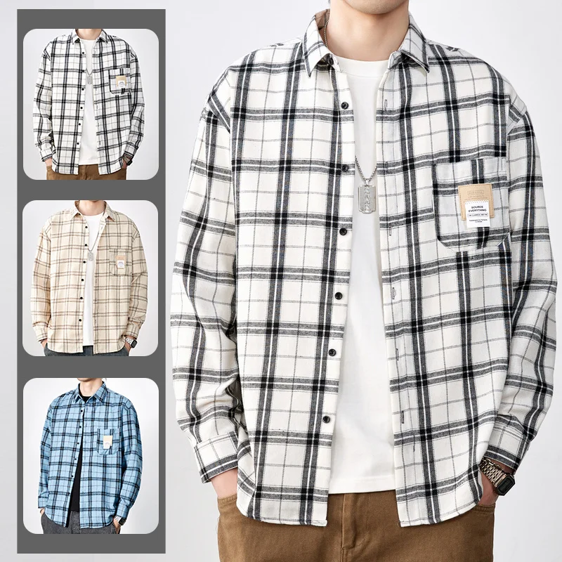 Fashionable social shirt men's new spring high-quality long-sleeved sanded plaid lapel cotton shirt men's casual shirt