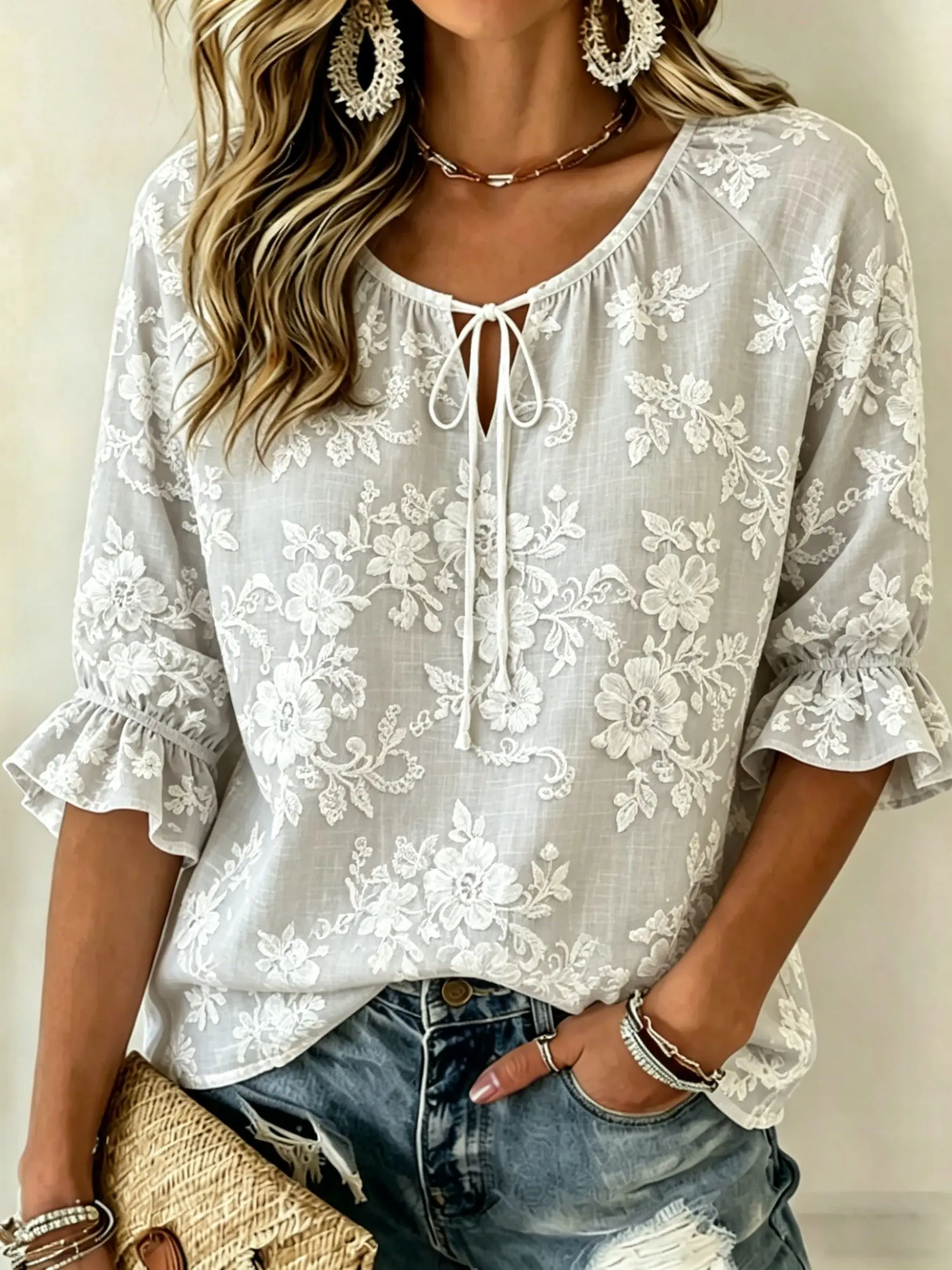 

Women's White Lace Floral Print Tie Neck Blouse, Casual Loose Tops for Spring Summer Daily Wear & Vacation Occasions