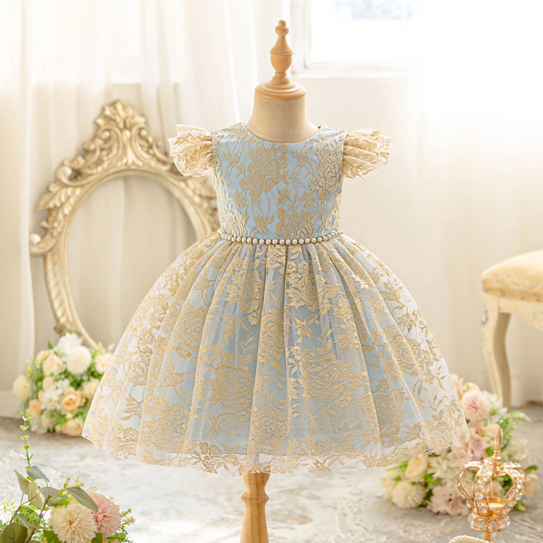 

2025 New Embroidered Flowers Girls Dress Summmer Lace Mesh Girls Princess Dress Birthday Gift New Kids Clothes, For 2-10 Years